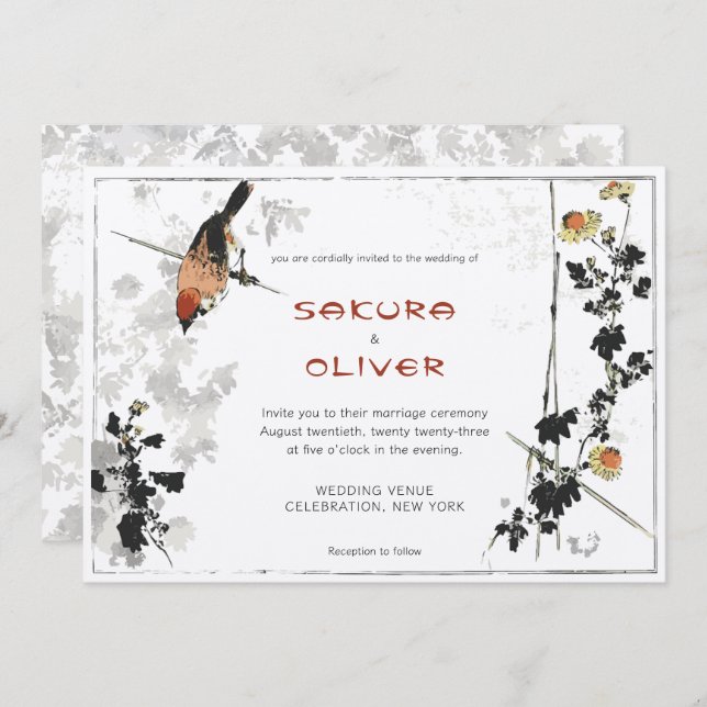 Japanese Bird Branches Vintage Leaves Invitation (Front/Back)