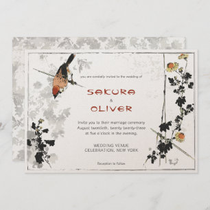 Japanese Bird Branches Vintage Leaves Invitation