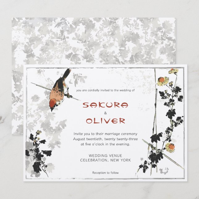 Japanese Bird Branches Vintage Leaves Invitation (Front/Back)