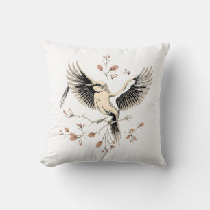 Japanese Bird Design with Branch and Leaves Cushion
