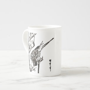 Japanese Bird on a Branch - Black and White Bone China Mug