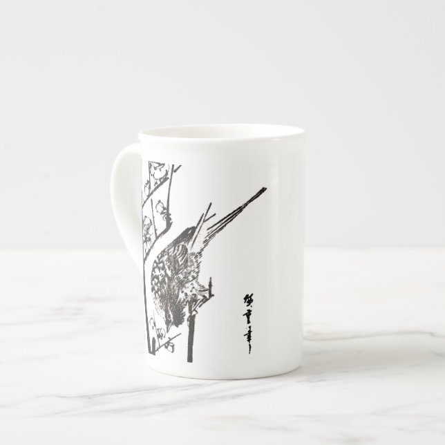 Japanese Bird on a Branch - Black and White Bone China Mug (Front Left)