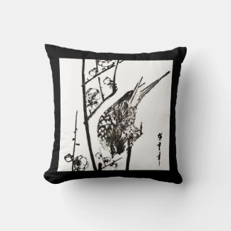 Japanese Bird on a Branch - Black and White Cushion