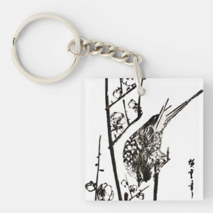 Japanese Bird on a Branch - Black and White Key Ring