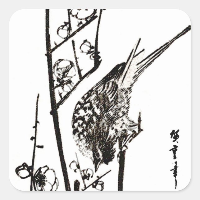 Japanese Bird on a Branch - Black and White Square Sticker (Front)