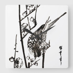 Japanese Bird on a Branch - Black and White Square Wall Clock