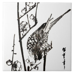 Japanese Bird on a Branch - Black and White Tile