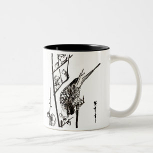 Japanese Bird on a Branch - Black and White Two-Tone Coffee Mug