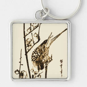 Japanese Bird on a Branch - Brown and Beige Key Ring