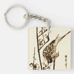 Japanese Bird on a Branch - Brown and Beige Key Ring