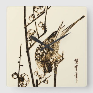 Japanese Bird on a Branch - Brown and Beige Square Wall Clock