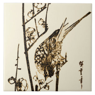 Japanese Bird on a Branch - Brown and Beige Tile
