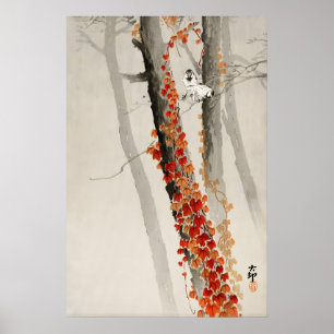 Japanese Bird Vine Wall Art Print  Vintage Zen