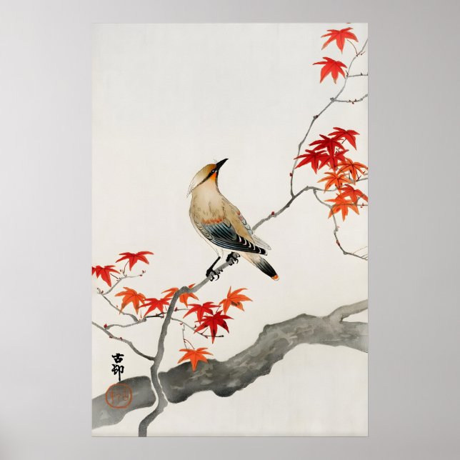Japanese Bird Wall Art Print  Red Maple Botanical (Front)