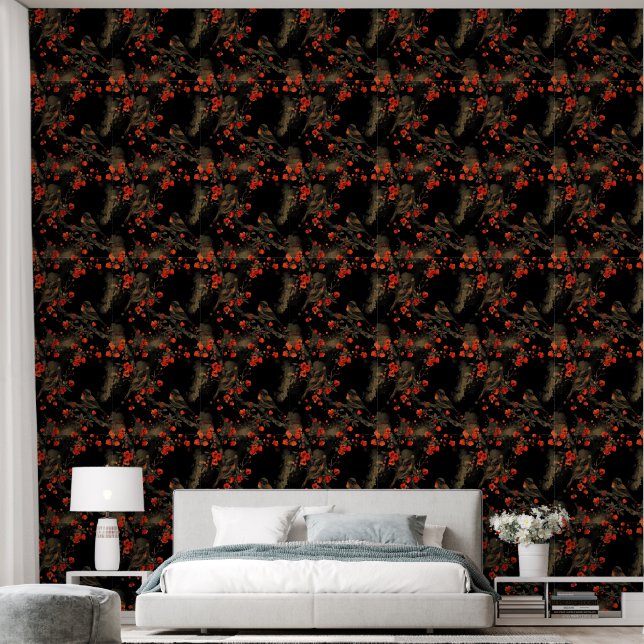Japanese Birds and Blossoms on Black Wallpaper (Bedroom)