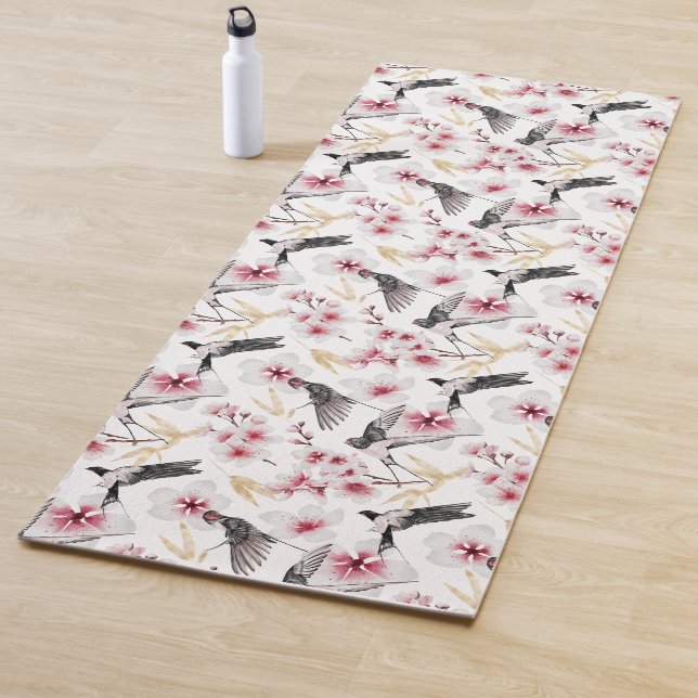 Japanese Birds and Flowers Red and Grey Yoga Mat (In Situ)