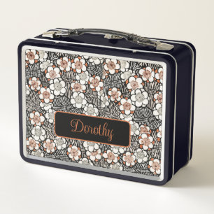 Japanese Black and Red Floral Pattern Personalised Metal Lunch Box
