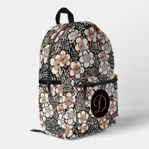 Japanese Black and Red Floral Pattern Personalised Printed Backpack