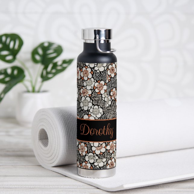 Japanese Black and Red Floral Pattern Personalised Water Bottle (Yoga)