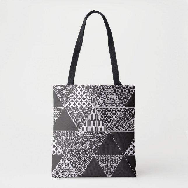 Japanese Black And White Collage Triangle Pattern Tote Bag (Front)