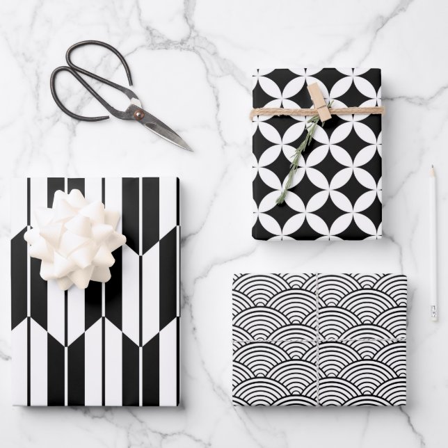 Japanese Black And White Geometric Patterns Wrapping Paper Sheet (Front)