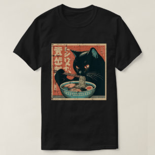 Japanese Black Cat Eating Ramen Noodles Kitten T-Shirt