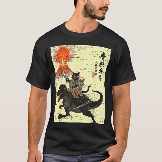 Japanese Black Cat On Trex Funny Ukiyo-e Boys Kids T-Shirt (Front)