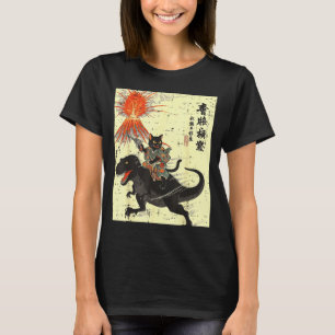 Japanese Black Cat On Trex Funny Ukiyo-e Boys Kids T-Shirt