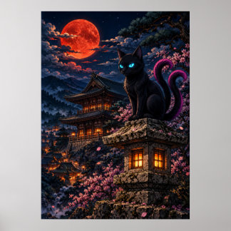 Japanese Black Cat Red Moon Fantasy Art Poster