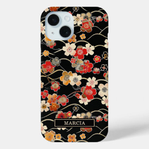 Japanese Black Floral Pattern Monogrammed iPhone 15 Case