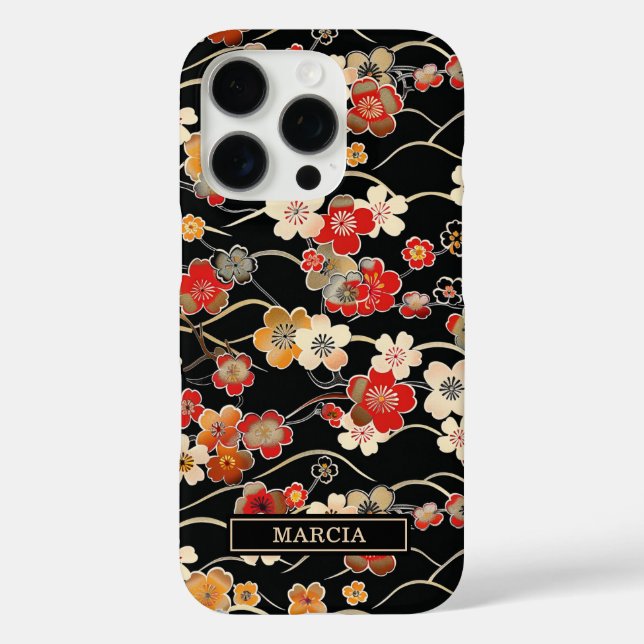 Japanese Black Floral Pattern Monogrammed Case-Mate iPhone Case (Back)