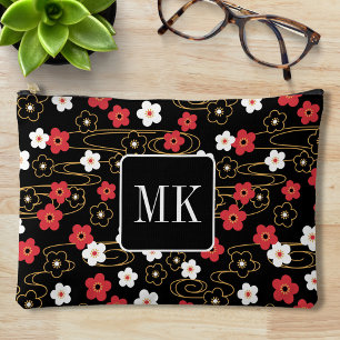 Japanese Black Sakura Blossom Monogram Initials Accessory Pouch