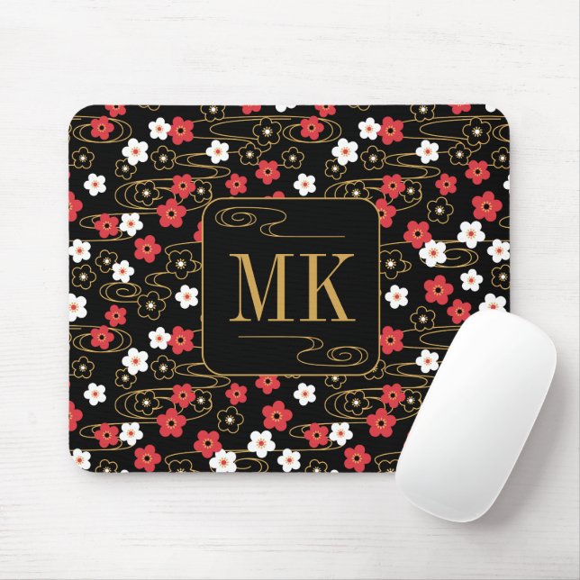 Japanese Black Sakura Blossom Monogram Initials Mouse Mat (With Mouse)