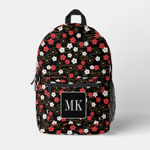 Japanese Black Sakura Blossom Monogram Initials Printed Backpack