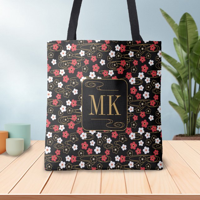Japanese Black Sakura Blossom Monogram Initials  Tote Bag (Creator Uploaded)