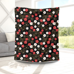 Japanese Black Sakura Cherry Blossom Flowers Fleece Blanket