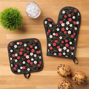 Japanese Black Sakura Cherry Blossom Flowers Oven Mitt & Pot Holder Set