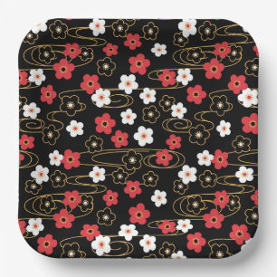 Japanese Black Sakura Cherry Blossom Flowers Paper Plate