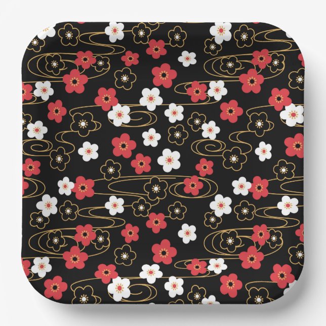 Japanese Black Sakura Cherry Blossom Flowers Paper Plate (Front)