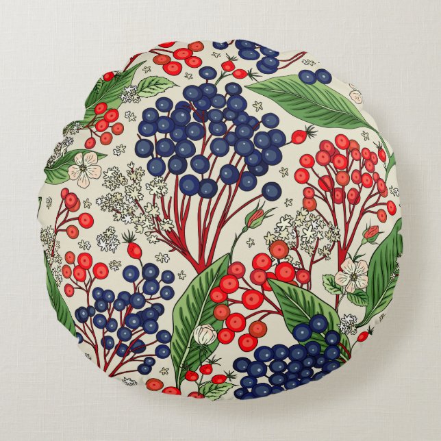 Japanese Blue and Red Berries Double Sided Round Cushion (Front)