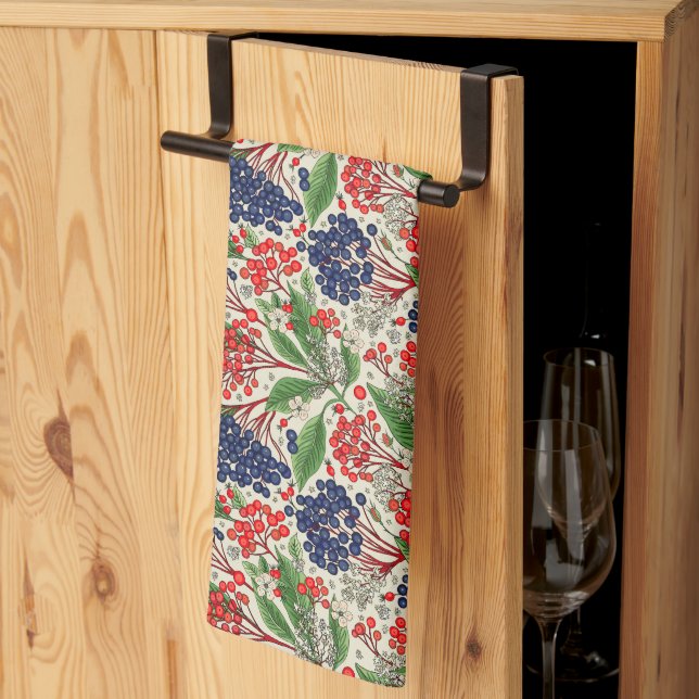 Japanese Blue and Red Berries  Tea Towel (Thirds Fold)