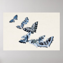 Japanese blue butterfly vintage design art ポスター