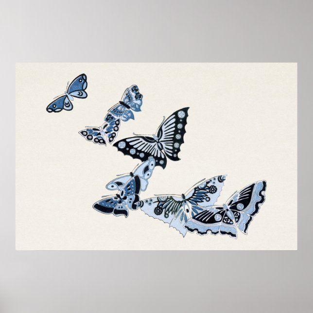 Japanese blue butterfly vintage design art ポスター poster (Front)