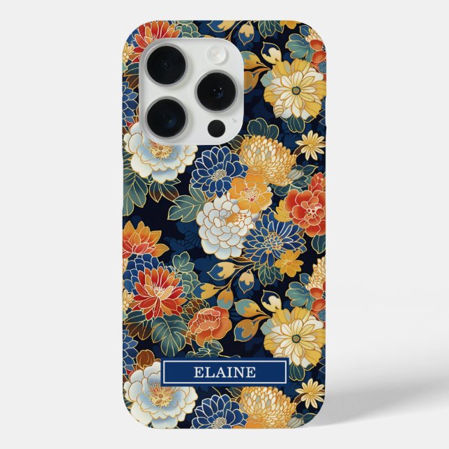 Japanese Blue Floral Pattern Monogrammed Case-Mate iPhone Case (Back)