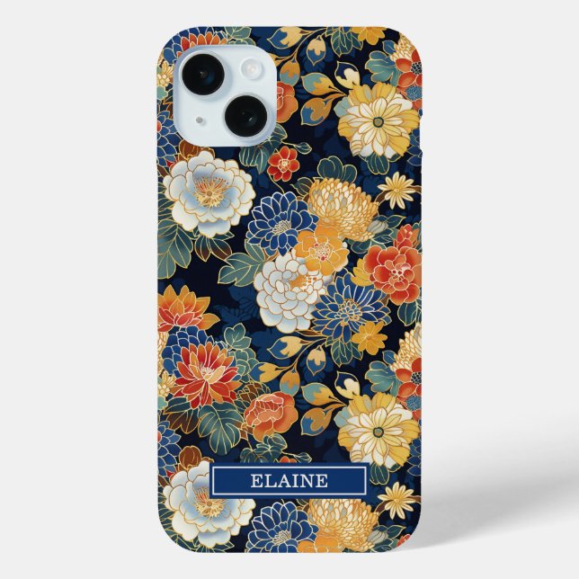 Japanese Blue Floral Pattern Monogrammed Case-Mate iPhone Case (Back)