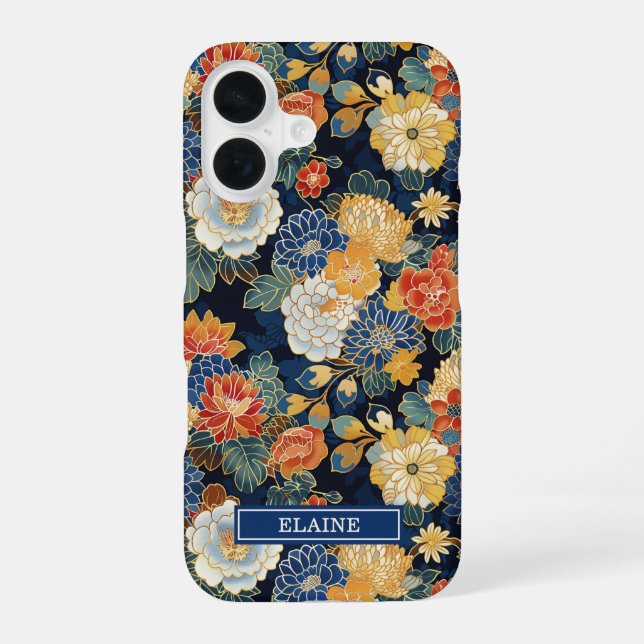 Japanese Blue Floral Pattern Monogrammed iPhone 16 Case (Back)