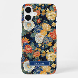 Japanese Blue Floral Pattern Monogrammed iPhone 16 Plus Case
