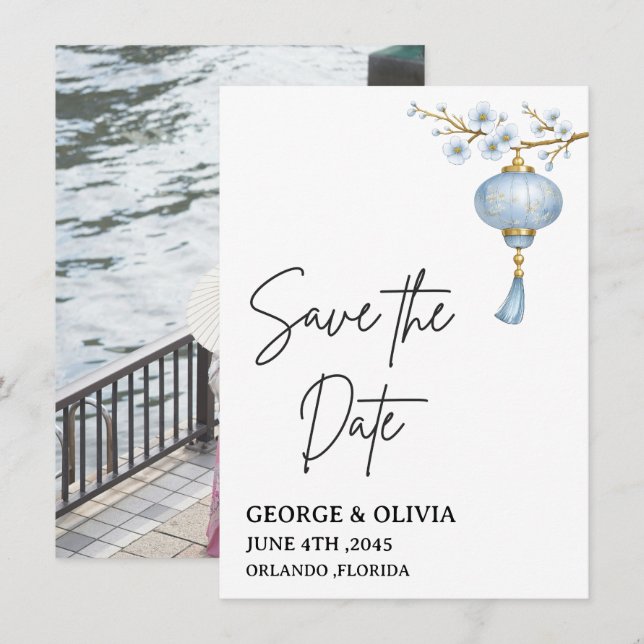 Japanese Blue Lantern Wedding Save the Date Card (Front/Back)
