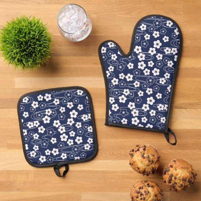 Japanese Blue Sakura Cherry Blossom Flowers Oven Mitt & Pot Holder Set (Top Down)