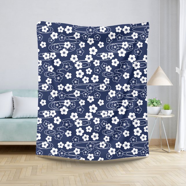 Japanese Blue Sakura Cherry Blossom Flowers Sherpa Blanket (Creator Uploaded)